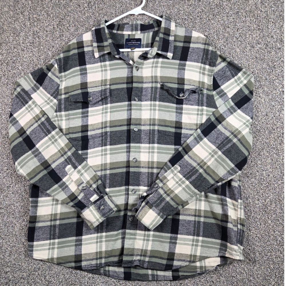 Lucky‎ Brand Button Down Shirt Mens XXL Green Plaid Long Sleeve Cotton Flannel